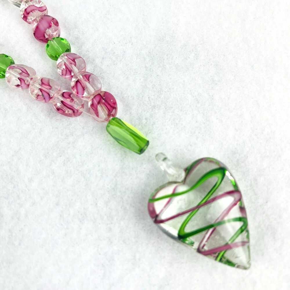 Artisan Art Glass Heart Pendant Necklace Pink Green Swirl Venetian Style Beads